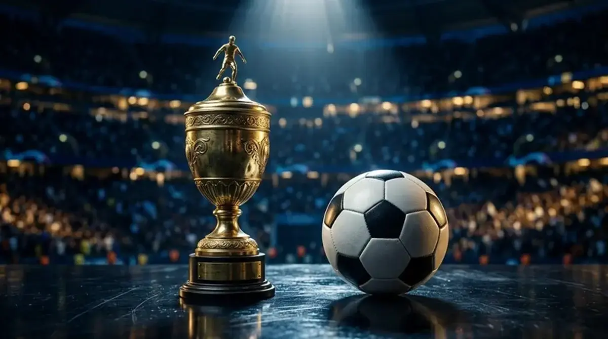 Zlatni pokal i nogometna lopta pod reflektorima na tamnoj podlozi