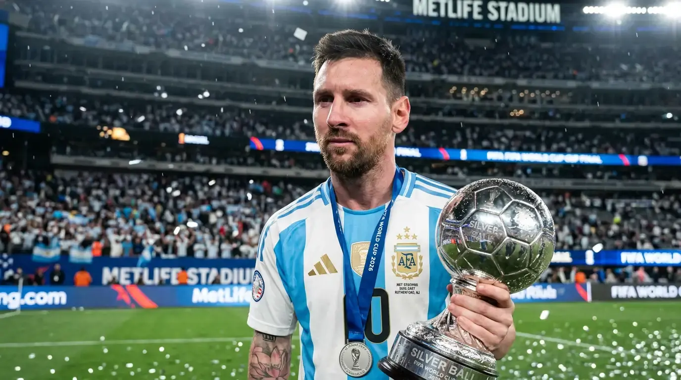 Lionel Messi drži Srebrnu loptu FIFA-e nakon finala SP 2026, s tugom na licu i medaljom finalistice oko vrata