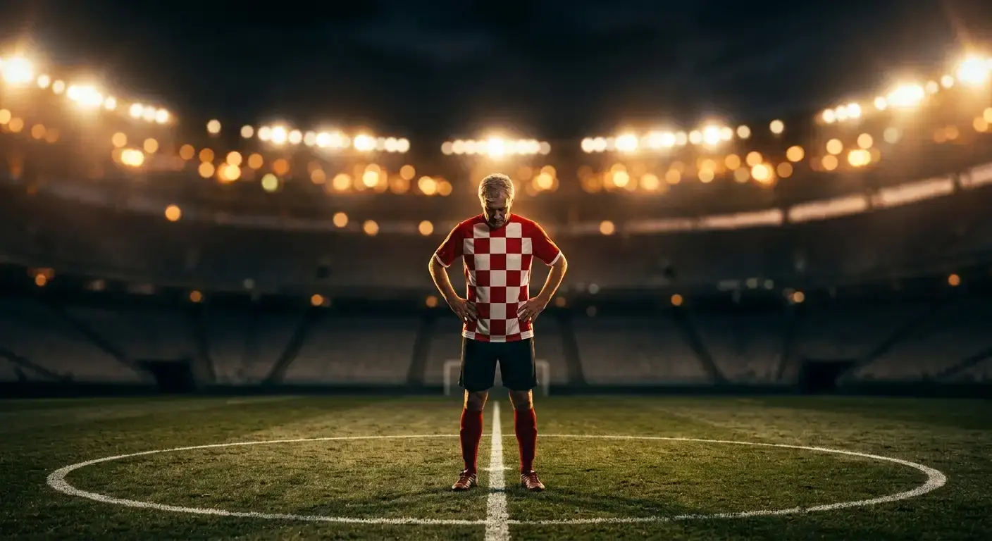 Modrić u crveno-bijelom kockastom dresu stoji na sredini terena, gleda dolje, reflektori ga obasjavaju