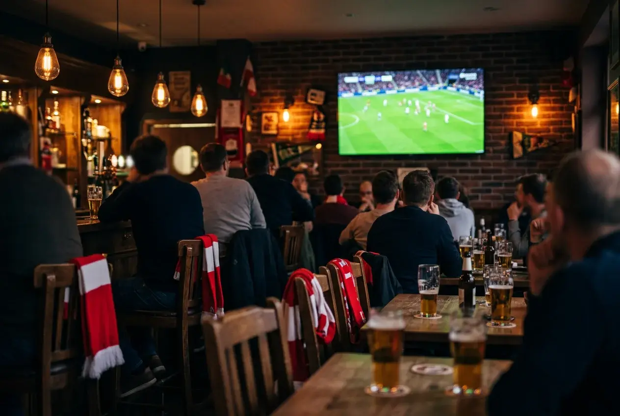 Nogometni navijači u kafiću prate utakmicu na velikom ekranu tijekom večeri