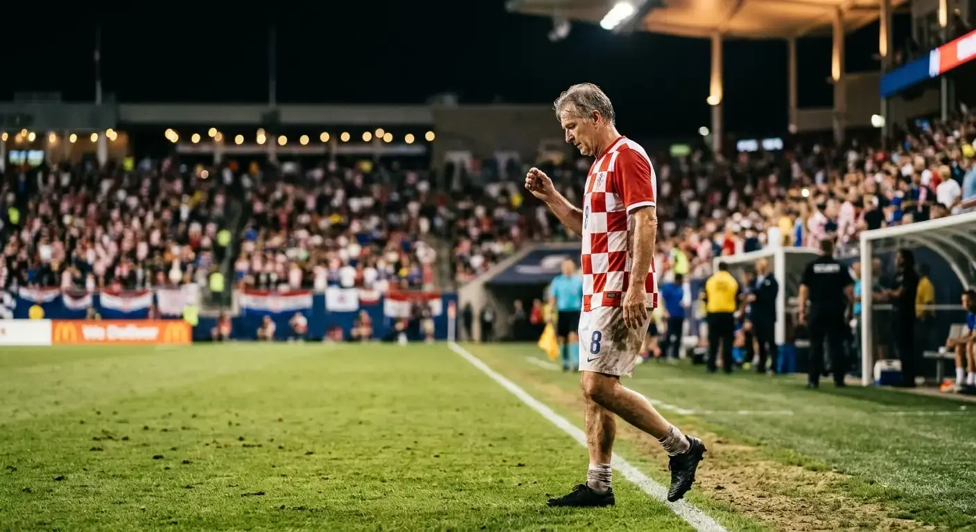 Modrić u crveno-bijelom kockastom dresu na terenu, profilna snimka s reflektorima
